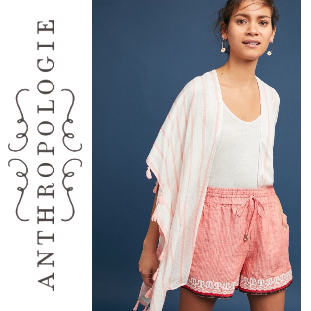 ANTHROPOLOGIE Linen Beachcomber Embroidered Boho Shorts Cottagecore Festival XS